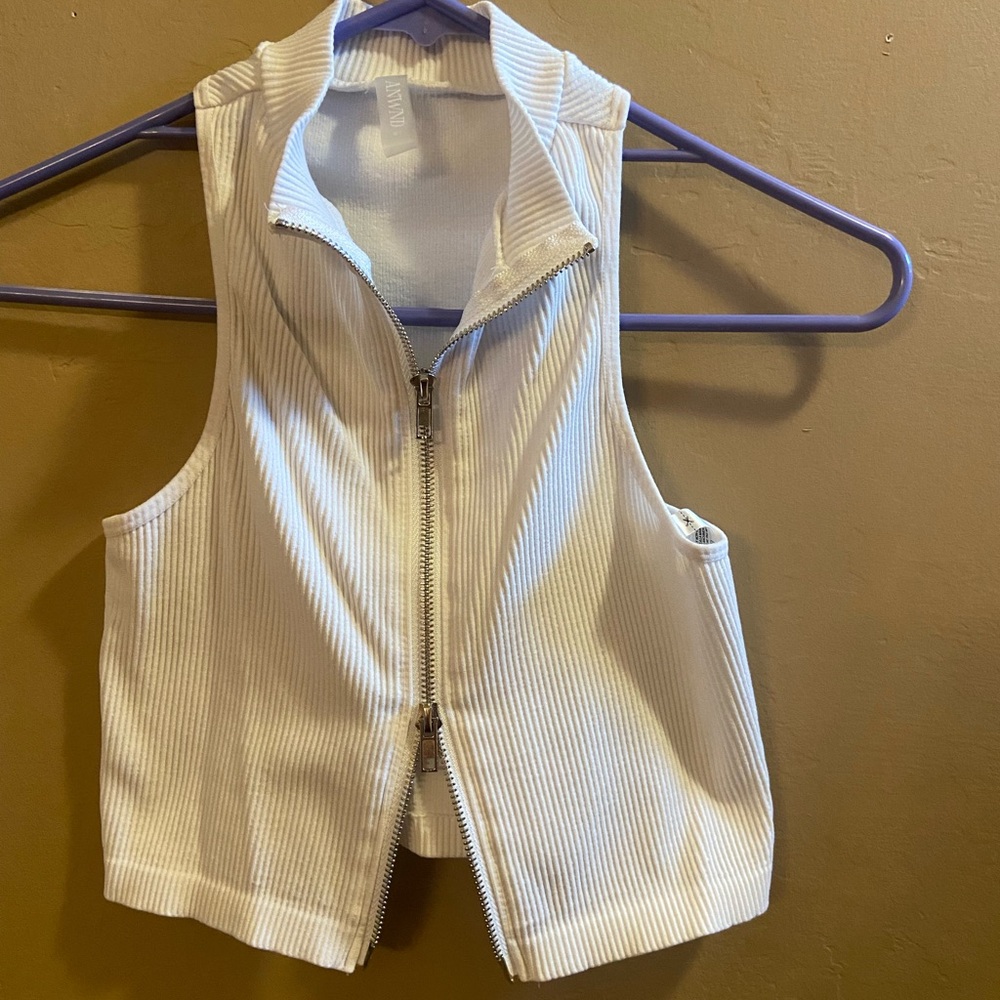 ANWND zipper tank Women M/L white double zipper cropped collar
